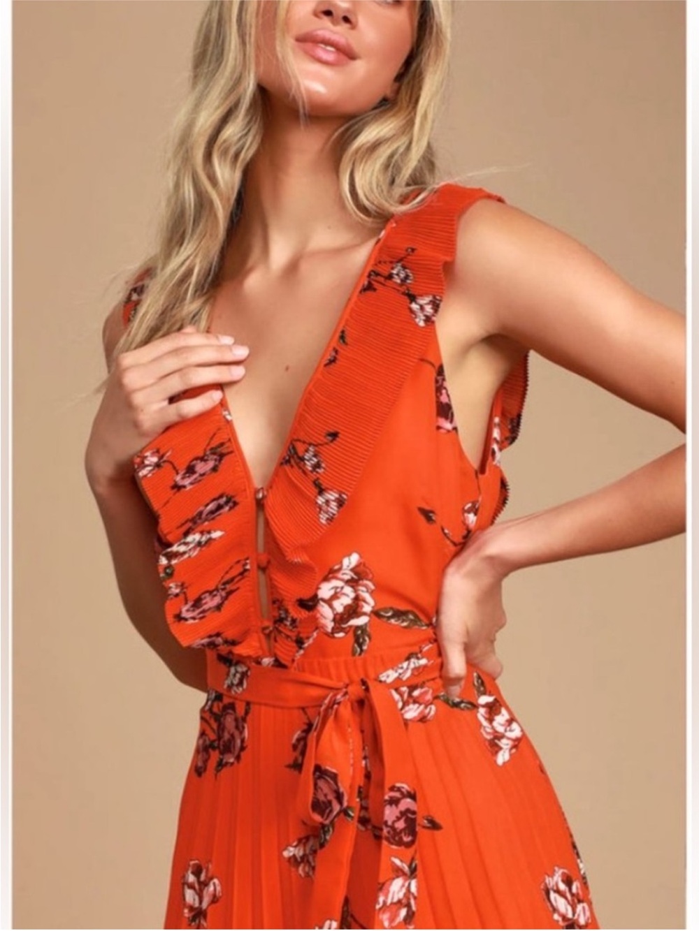 Lulus Red Orange Floral Pleated Chiffon Maxi Dress Open Back Size M - Picture 3 of 13